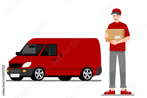 Delivery man stand and holding a goods parcel in front of a delivery van and ready for going to fast express deliver food, product to customer with city in the background.