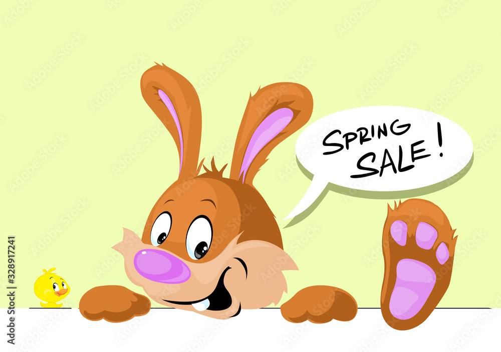 Obraz premium Cute Bunny Peeking Out from White Design with Spring Sale Bubble - Funny Vector Illustration