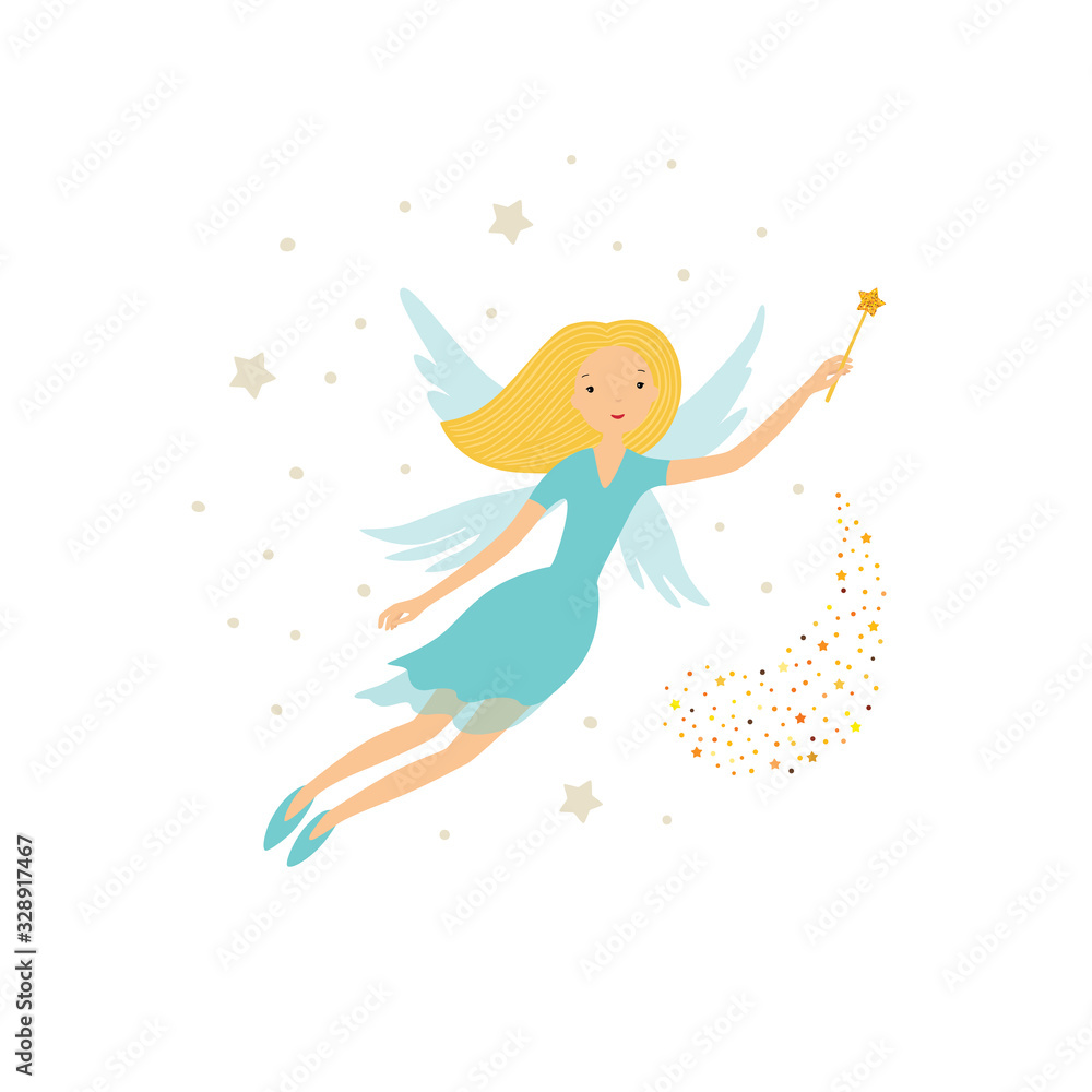 Cute blue fairy in flight with a magic wand Cute blue fairy in flight with a magic wand