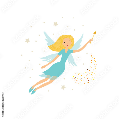 Cute blue fairy in flight with a magic wand