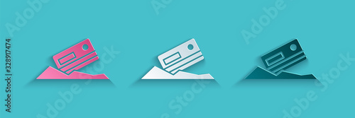 Paper cut Cocaine and credit card icon isolated on blue background. Paper art style. Vector Illustration