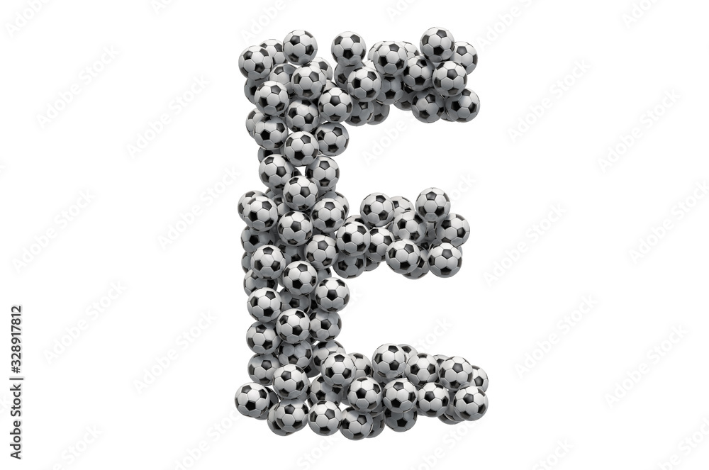 Letter E from soccer balls, 3D rendering Letter E from soccer balls, 3D rendering