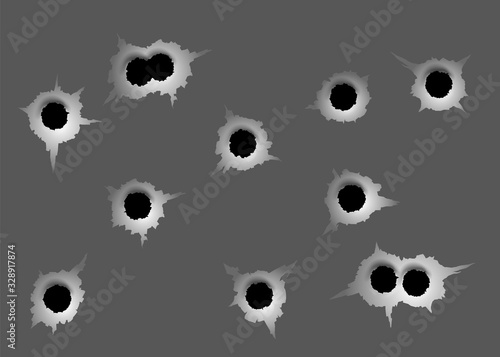 Bullet Holes Set. different damaged element from bullet on metallic surface. vector illustration