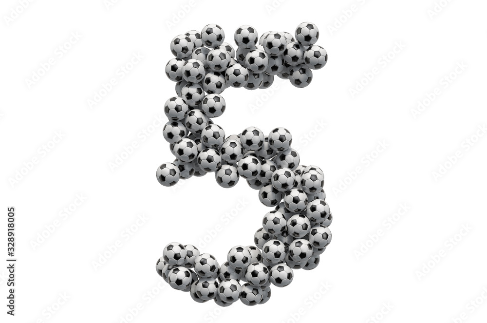 Number 5 from soccer balls, 3D rendering