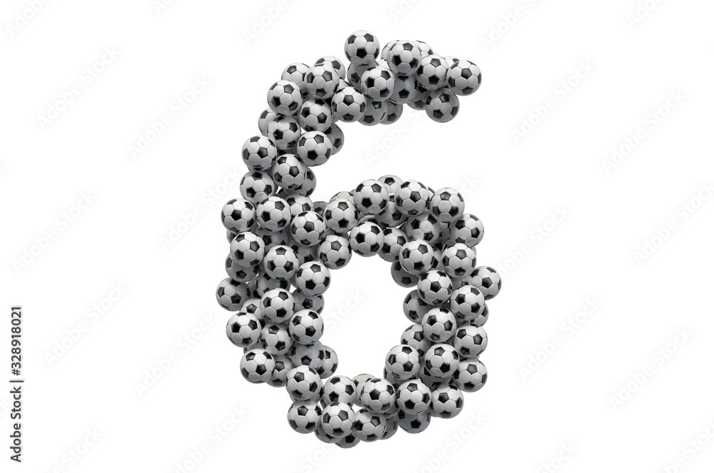 Number 6 from soccer balls, 3D rendering Number 6 from soccer balls, 3D rendering
