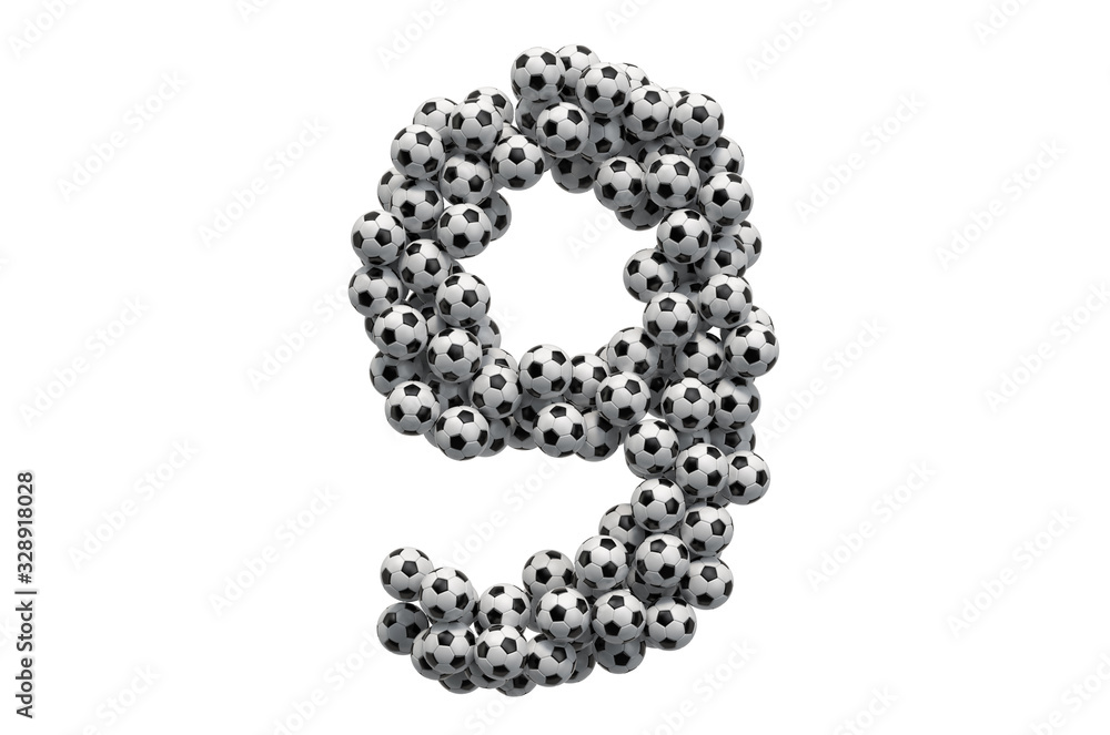 Number 9 from soccer balls, 3D rendering