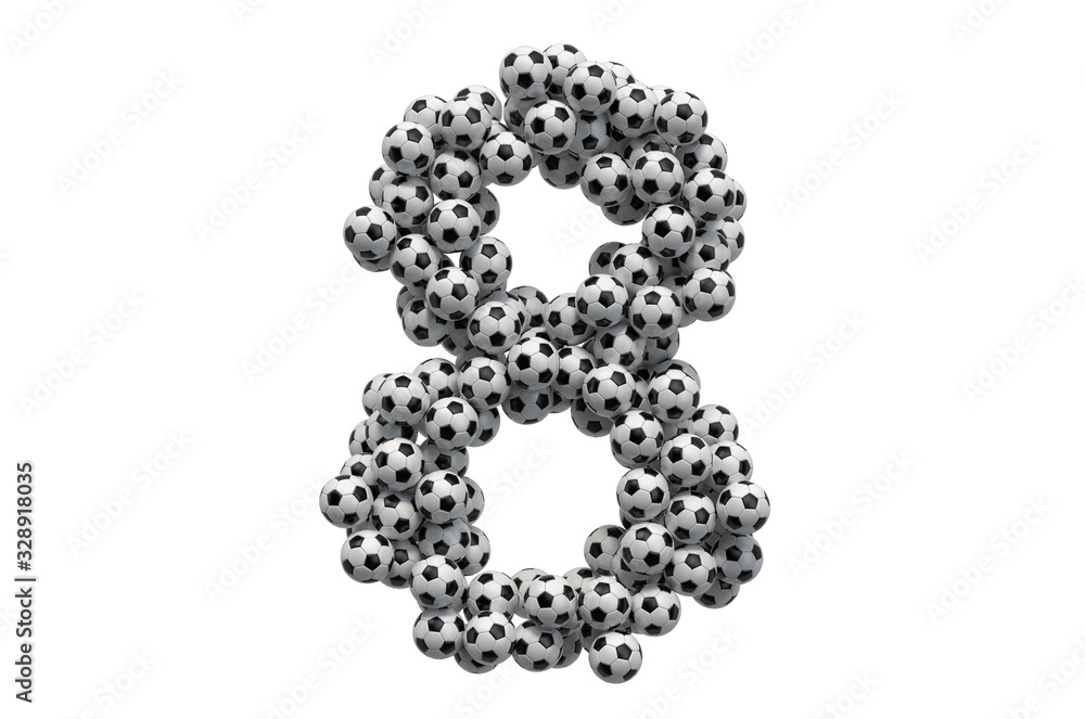 Number 8 from soccer balls, 3D rendering Number 8 from soccer balls, 3D rendering