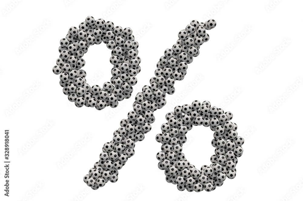 Percent sign from soccer balls, 3D rendering Percent sign from soccer balls, 3D rendering
