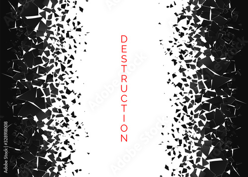 Shatter and destruction effect. Abstract cloud of pieces and fragments after wall explosion. Vector illustration isolated on white background