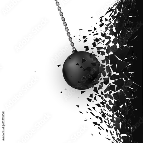 Abstract cloud of pieces and fragments after wall demolition by wrecking ball. Destruction effect. Vector