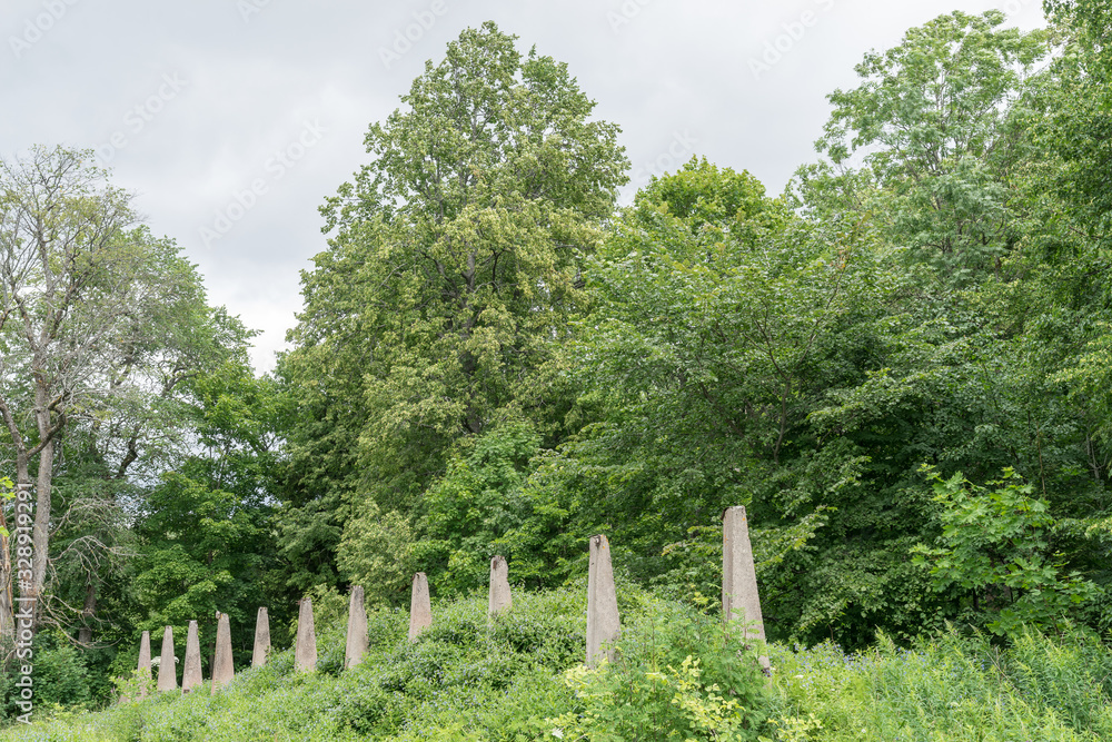 Fototapeta premium Old abandoned stone garden. Cement poles and natural environment. Broken fence posts in nature.