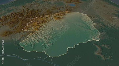 Tochigi, prefecture with its capital, zoomed and extruded on the relief map of Japan in the conformal Stereographic projection. Animation 3D photo