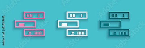 Paper cut Shelf with books icon isolated on blue background. Shelves sign. Paper art style. Vector Illustration