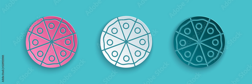 Fototapeta Paper cut Pizza icon isolated on blue background. Fast food menu. Paper art style. Vector Illustration