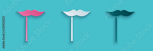 Paper cut Paper mustache on stick icon isolated on blue background. Concept with cardboard carnival mask. Mask for a photo shoot. Paper art style. Vector Illustration