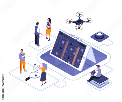 Business scheduling isometric landing page vector template. Effective time management website homepage UI illustration layout. Workflow productivity optimization webpage isometry concept