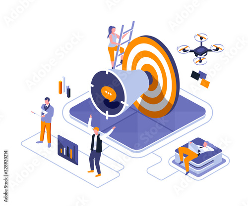 Business promotion isometric landing page vector template. Professional marketing service website homepage UI illustration layout. Corporate identity development web banner isometry concept