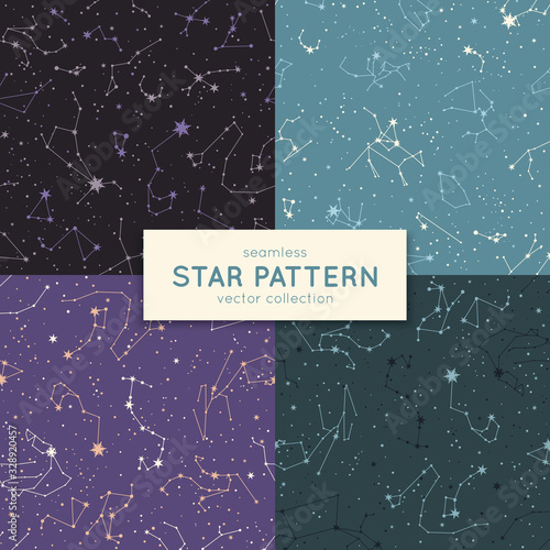 Set of seamless star pattern. Vector constellations and stars. Space galaxy backgrounds.