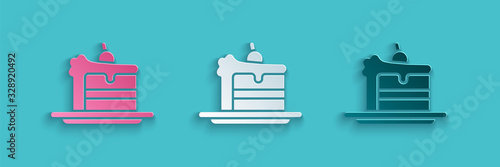 Paper cut Cake icon isolated on blue background. Happy Birthday. Paper art style. Vector Illustration
