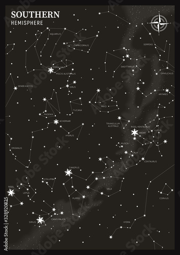 Southern hemisphere. High detailed star map of vector constellations. Astrological celestial map with symbols and signs of zodiac