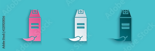 Paper cut Pepper spray icon isolated on blue background. OC gas. Capsicum self defense aerosol. Paper art style. Vector Illustration