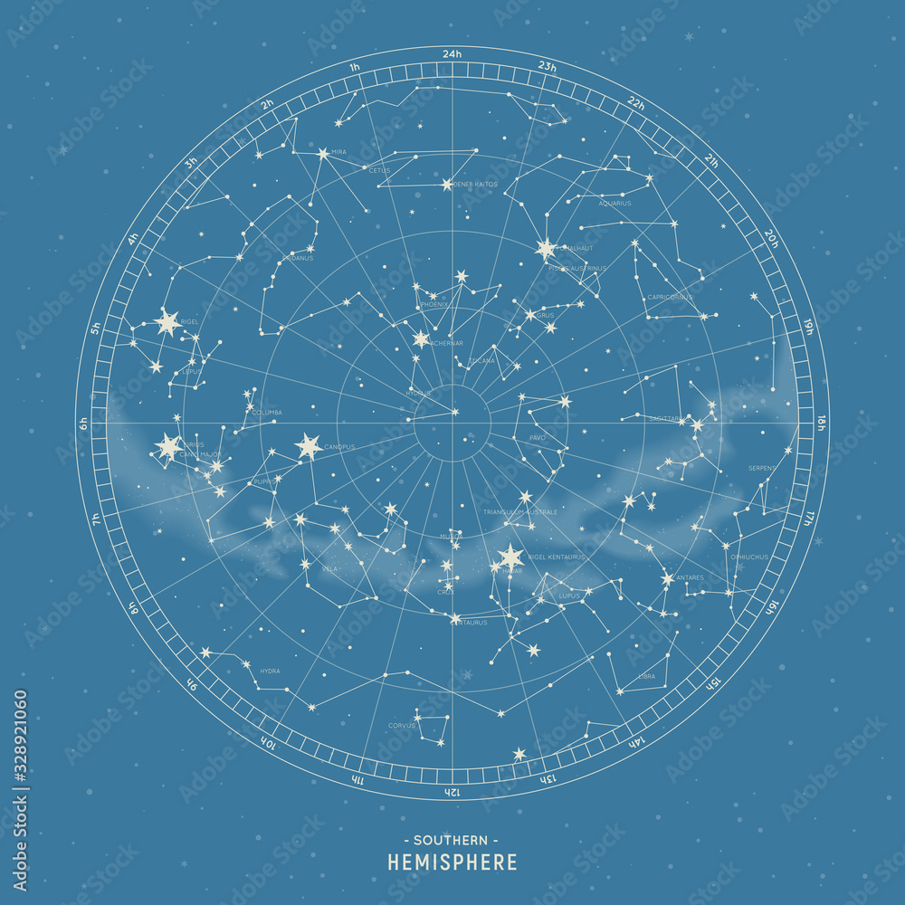 Southern hemisphere. High detailed star map of vector constellations