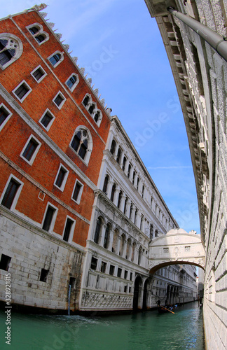 bridge of sighs and ducal palace photographed by fisheye lens