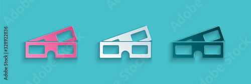 Paper cut 3D cinema glasses icon isolated on blue background. Paper art style. Vector Illustration