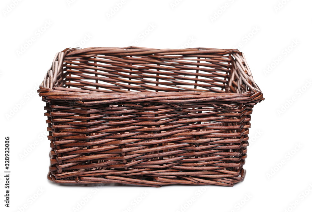 Empty wooden wicker basket isolated on white background Empty wooden wicker basket isolated on white background