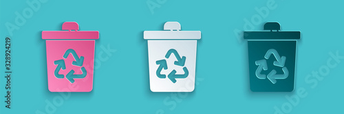Paper cut Recycle bin with recycle symbol icon isolated on blue background. Trash can icon. Garbage bin sign. Recycle basket sign. Paper art style. Vector Illustration