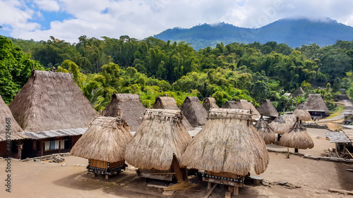 Inside view on the traditional Bena village in Bajawa, Flores, Indonesia. There are many small houses around, made of natural parts like wood and straw. History and tradition. Big volcano in the back photo