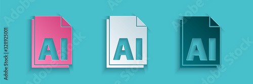 Paper cut AI file document. Download ai button icon isolated on blue background. AI file symbol. Paper art style. Vector Illustration