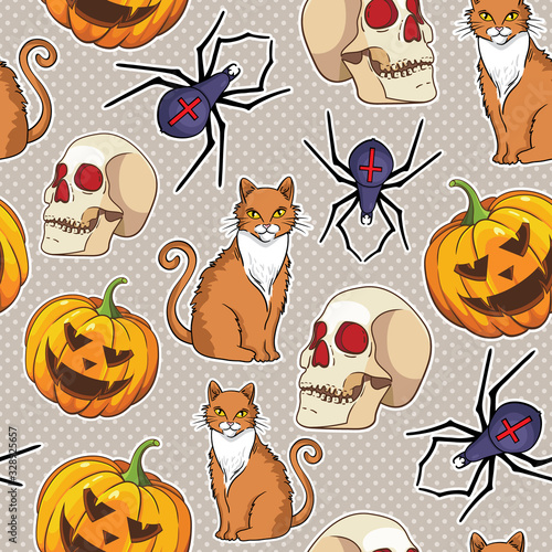 Halloween vector seamless pattern with cat, spider and pumpkin