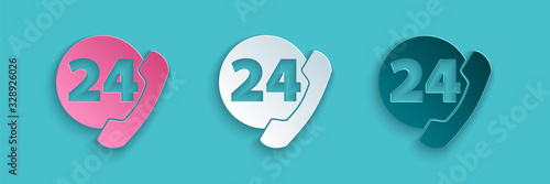 Paper cut Telephone 24 hours support icon isolated on blue background. All-day customer support call-center. Full time call services. Paper art style. Vector Illustration