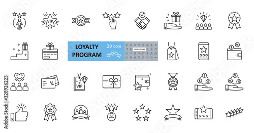 Loyalty program icons. 29 vector images in a set with editable stroke. Includes membership, reviews and likes, stars, loyalty card, percentage of discounts, gifts, diamonds, VIP status.