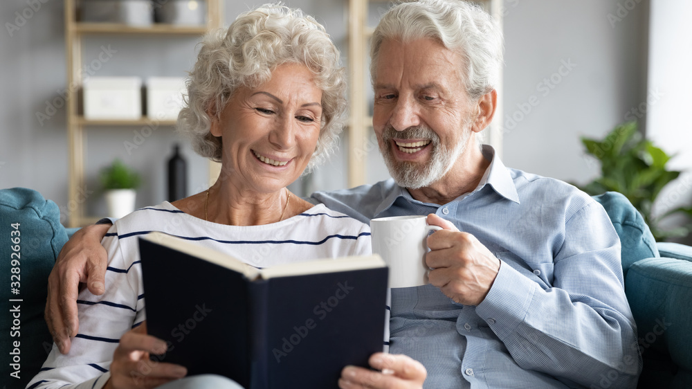Happy middle-aged 60s couple rest on couch in living room enjoy novel drink tea on home weekend, smiling elderly husband and wife hug relax on sofa reading book together, family time concept Happy middle-aged 60s couple rest on couch in living room enjoy novel drink tea on home weekend, smiling elderly husband and wife hug relax on sofa reading book together, family time concept
