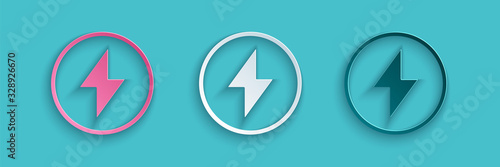 Paper cut Lightning bolt icon isolated on blue background. Flash sign. Charge flash icon. Thunder bolt. Lighting strike. Paper art style. Vector Illustration