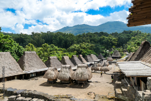 Inside view on the traditional Bena village in Bajawa, Flores, Indonesia. There are many small houses around, made of natural parts like wood and straw. History and tradition mingling with presence. photo