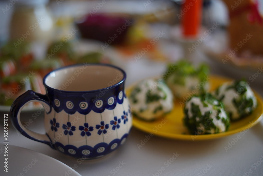 Easter table with traditional dishes and cakes Easter table with traditional dishes and cakes