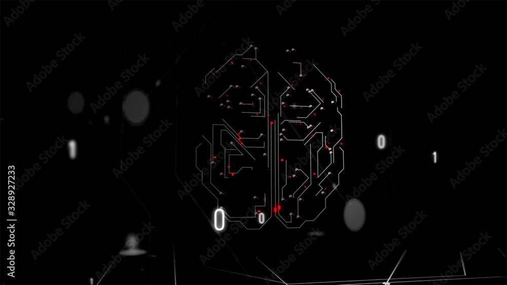HUD brain data. Futuristic digital frame of the brain structure with red impuses inside and numbers blowing. HUD brain data. Futuristic digital frame of the brain structure with red impuses inside and numbers blowing.