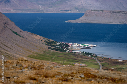 View of Patreksfjordur city in the West fjord during summertime. Iceland photo