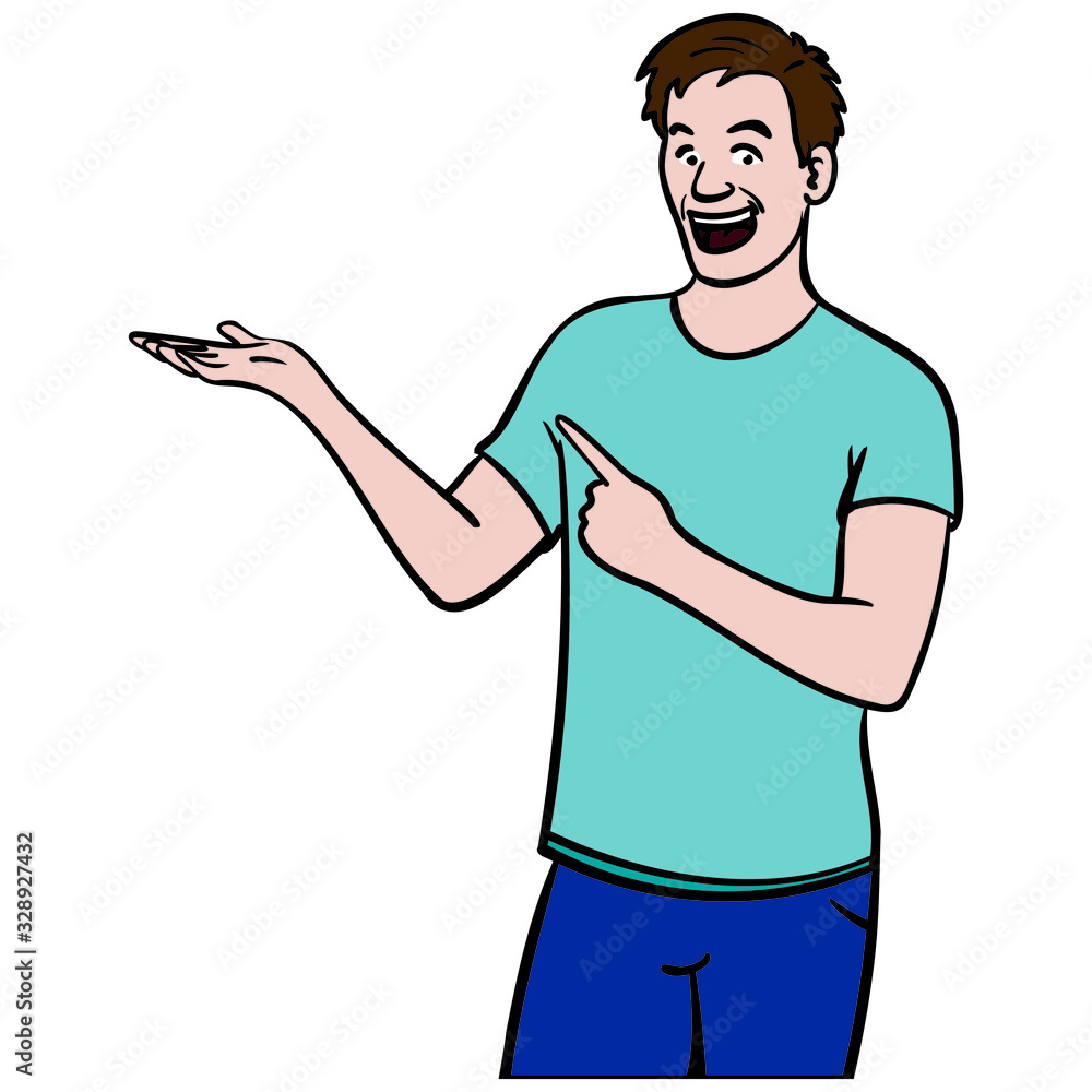 young man points to the side with both hands and laughs. blue t-shirt. isolated, comic, vector.