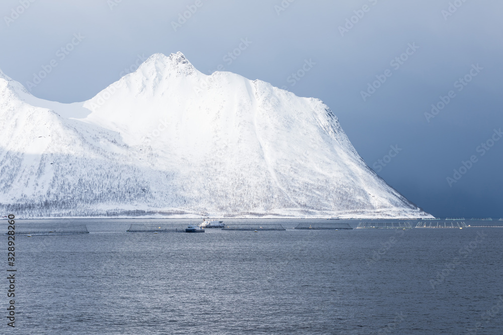 Panorama of snowy fjords and mountain range, Senja, Norway Amazing Norway nature seascape popular tourist attraction. Best famous travel locations. beautiful sunset within the amazing winter landscape