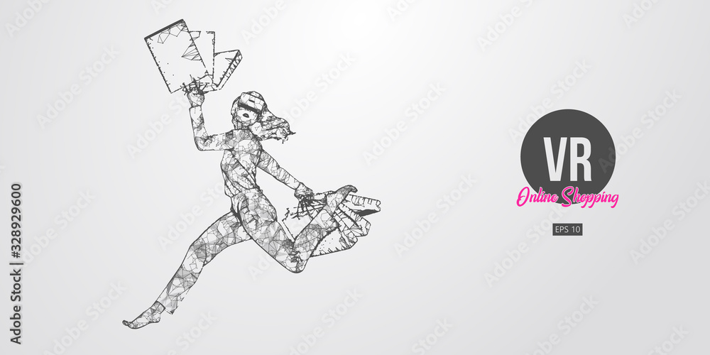 Fototapeta premium VR online shopping. Polygonal woman, girl wearing virtual reality glasses. Beautiful happy woman is jumping with a shopping bags, buy a goods in one click. VR headset holographic wireframe vector