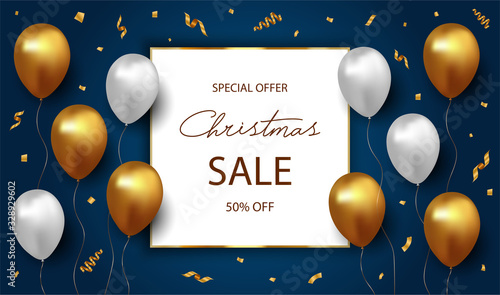 Christmas sale banner, poster. Luxury vector illustration with golden, silver balloons, confetti, frame and text on isolated blue background