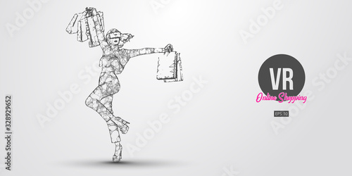 VR online shopping. Polygonal woman, girl wearing virtual reality glasses. Beautiful happy woman is jumping with a shopping bags, buy a goods in one click. VR headset holographic wireframe vector