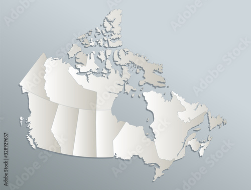 Canada map, administrative division, blue white card paper 3D blank