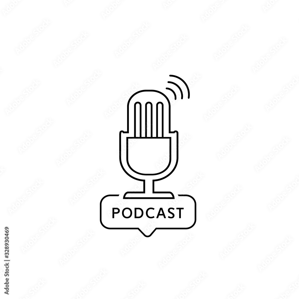 Podcast radio line icon illustration. Studio table microphone broadcast text podcast Podcast radio line icon illustration. Studio table microphone broadcast text podcast