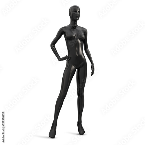 Female standing plastic mannequin of black color. Vector 3d realistic illustration isolated on white background.
