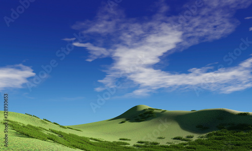 Blue sky and beautiful cloud with meadow tree. Plain landscape background for summer poster. The best view for holiday. picture of green grass field and blue sky with white clouds